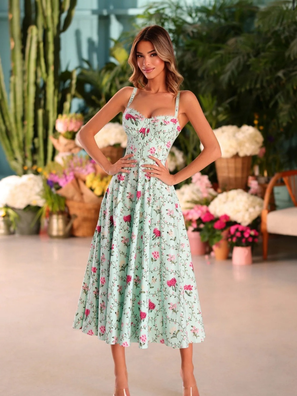 NWT Floral Sweetheart Midi Dress in Mint with Pink Blooms
